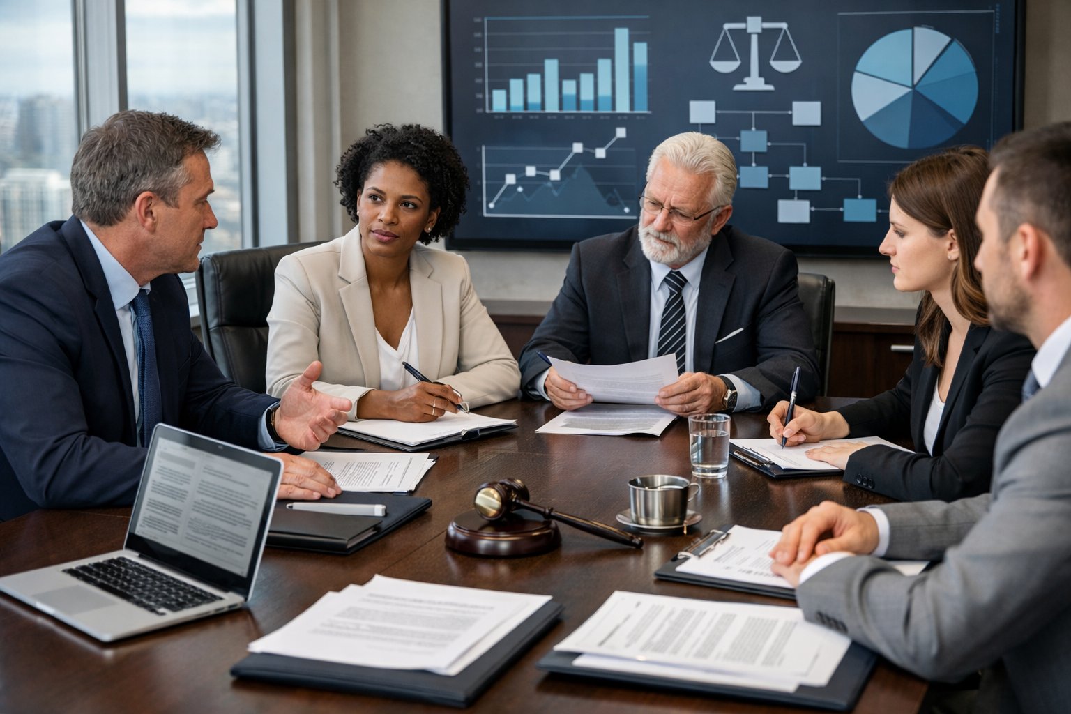 Une réunion professionnelle avec des personnes en tenue d'affaires discutant autour d'une table avec des documents et des ordinateurs dans une salle de conférence moderne.