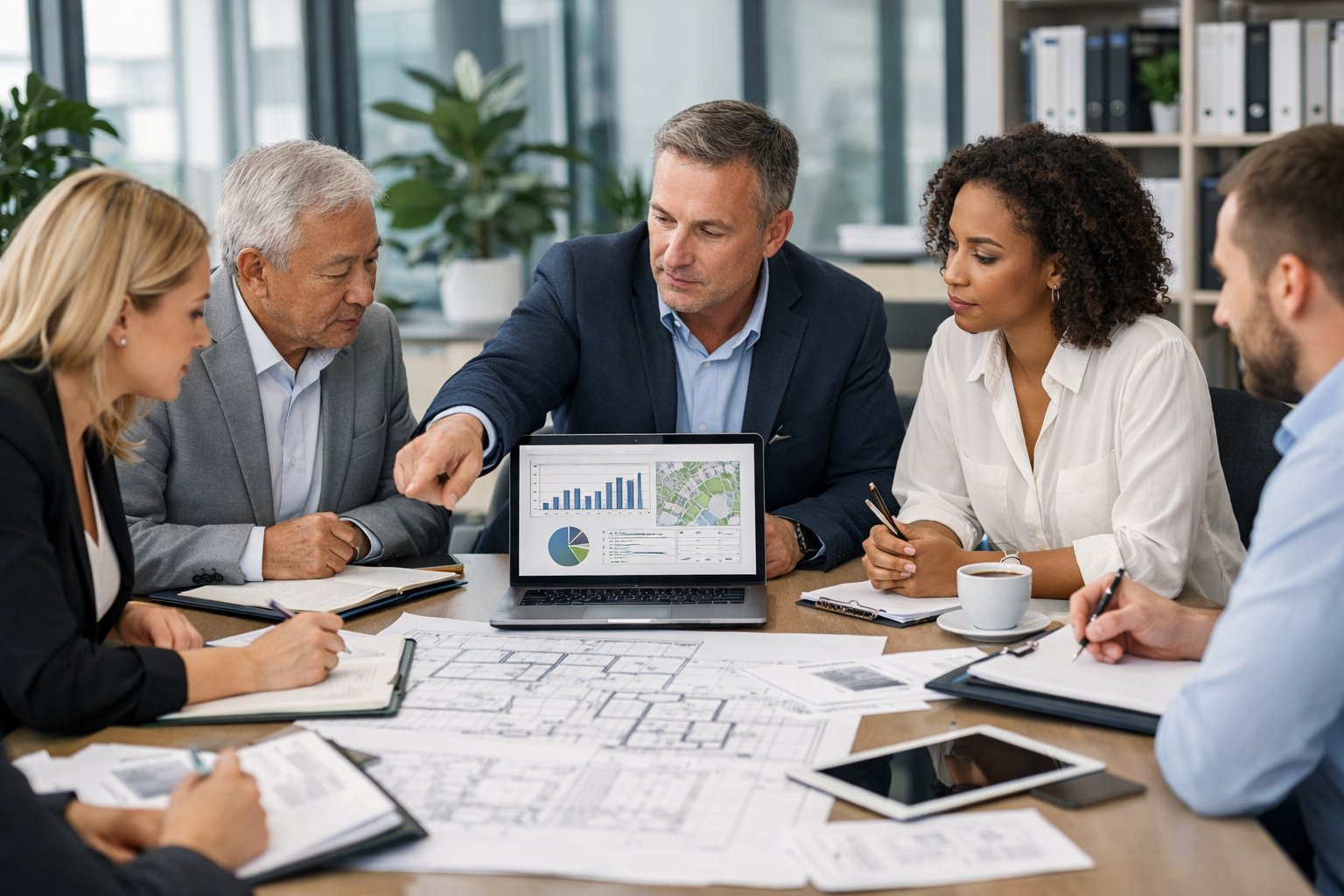 Un groupe de professionnels en réunion autour d'une table avec des documents et des appareils numériques, préparant une opération préalable.