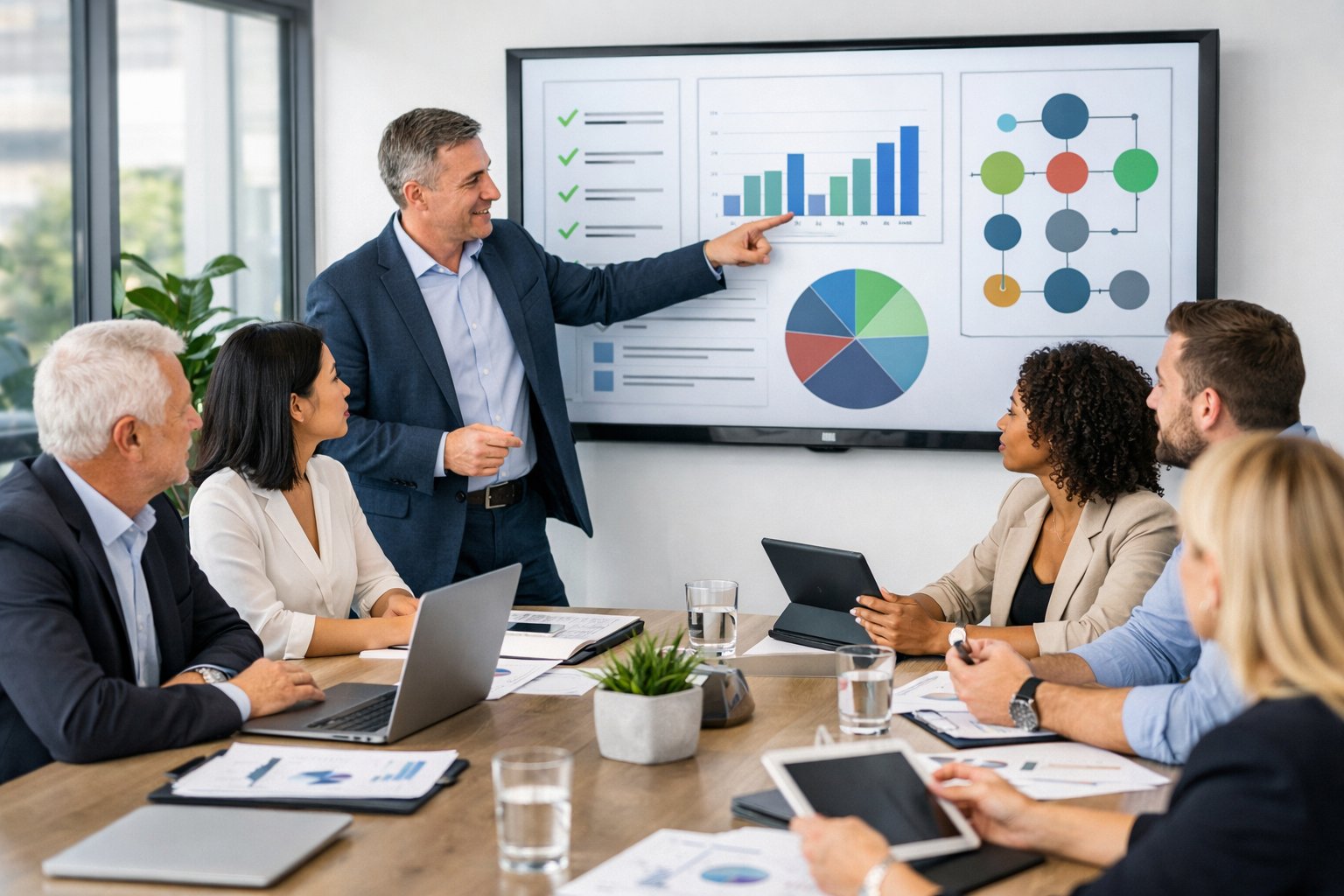 Un groupe de professionnels en réunion autour d'une table de conférence, discutant et examinant des documents dans un bureau lumineux.
