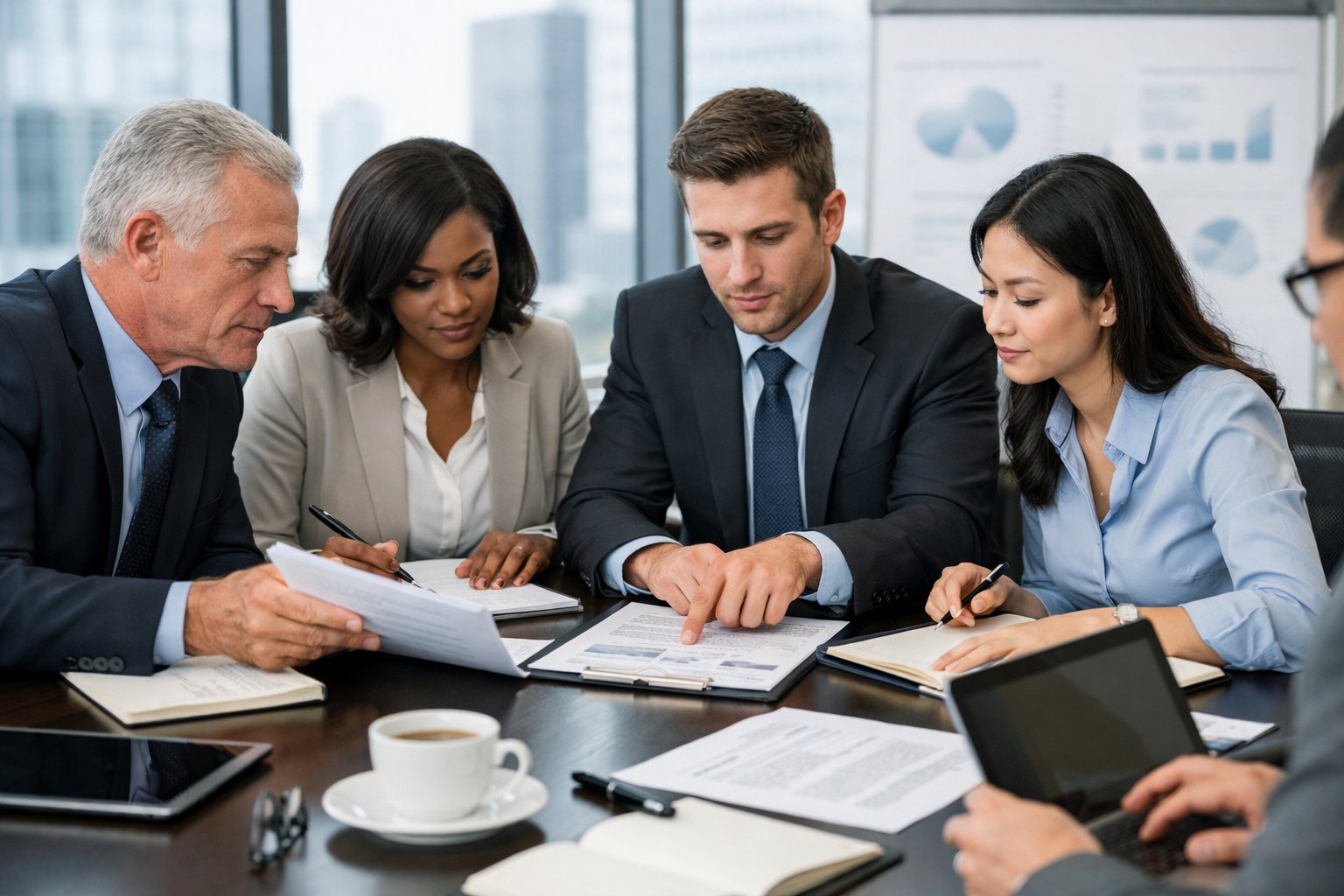 Des professionnels en réunion autour d'une table de conférence, discutant et prenant des notes pour rédiger un rapport officiel.