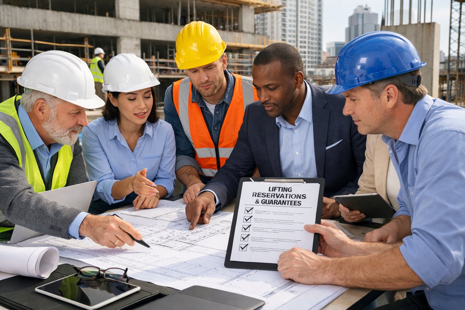 Des professionnels en réunion sur un chantier de construction, examinant des plans et discutant des réserves et garanties.