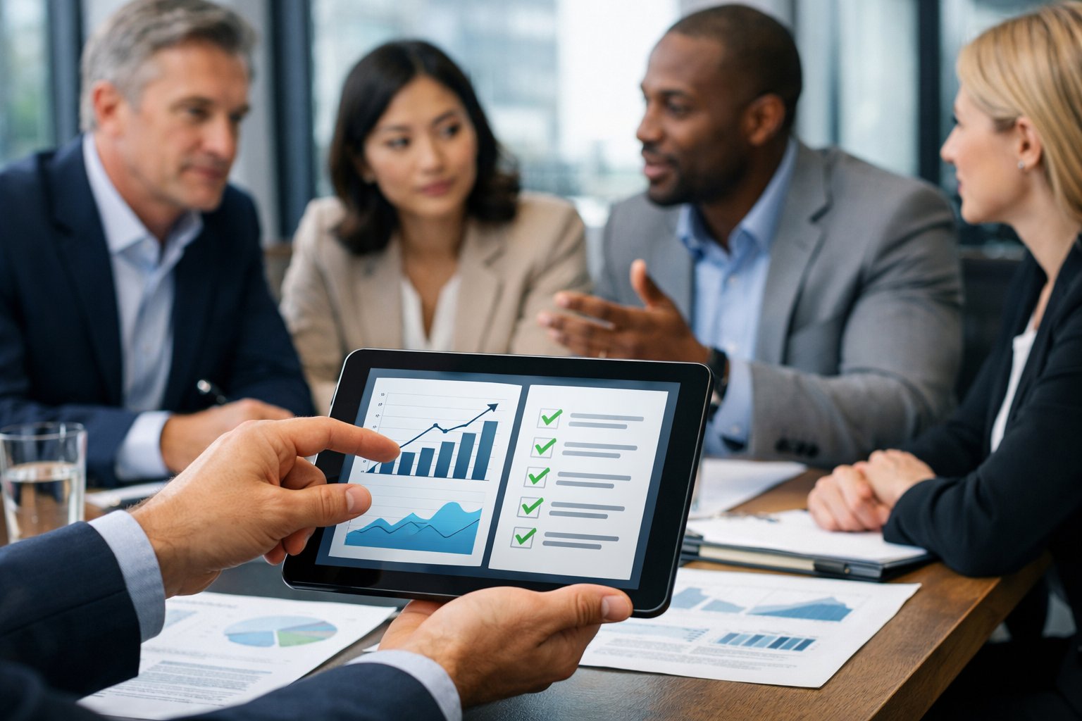 Un groupe de professionnels en réunion dans une salle de conférence moderne, discutant autour d'une table avec des documents et des appareils électroniques.