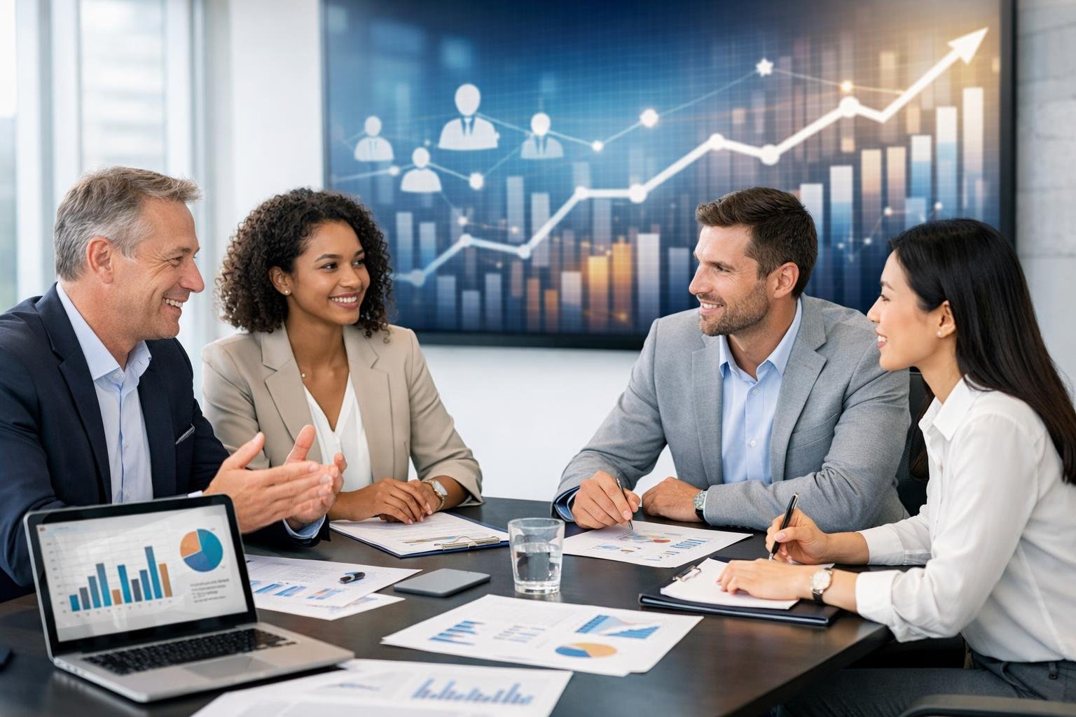 Un groupe de professionnels en réunion dans un bureau moderne, discutant autour d'une table avec des documents et des ordinateurs portables.