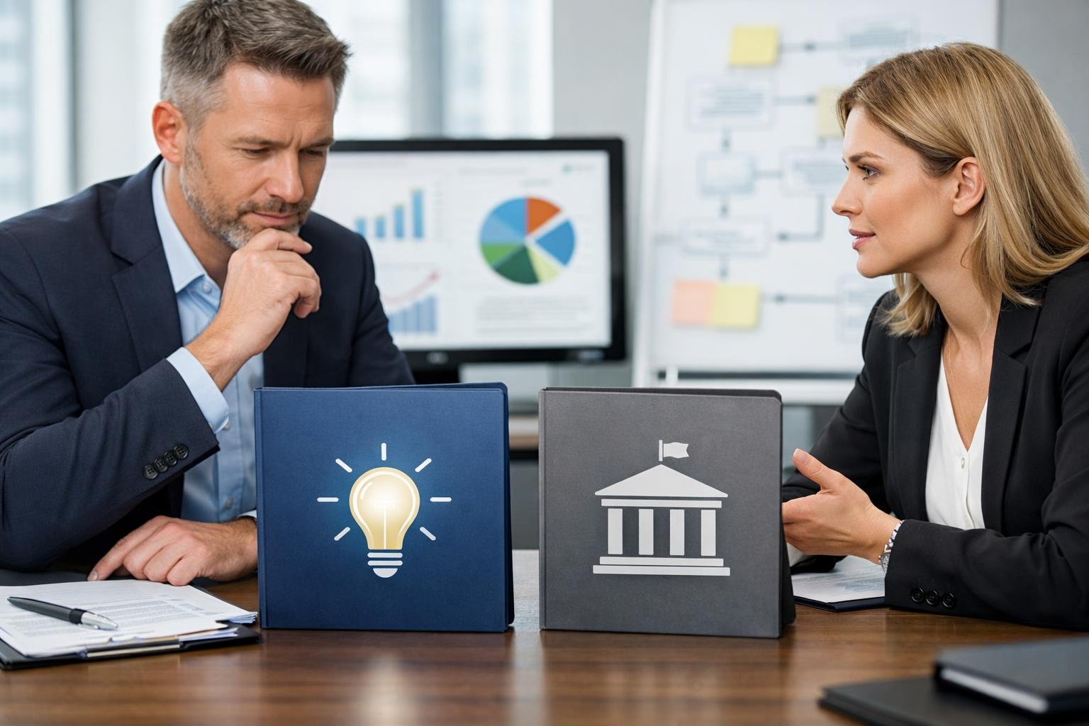 Deux professionnels en discussion dans un bureau moderne, examinant des documents représentant AMI et Marché Public, avec des graphiques en arrière-plan.