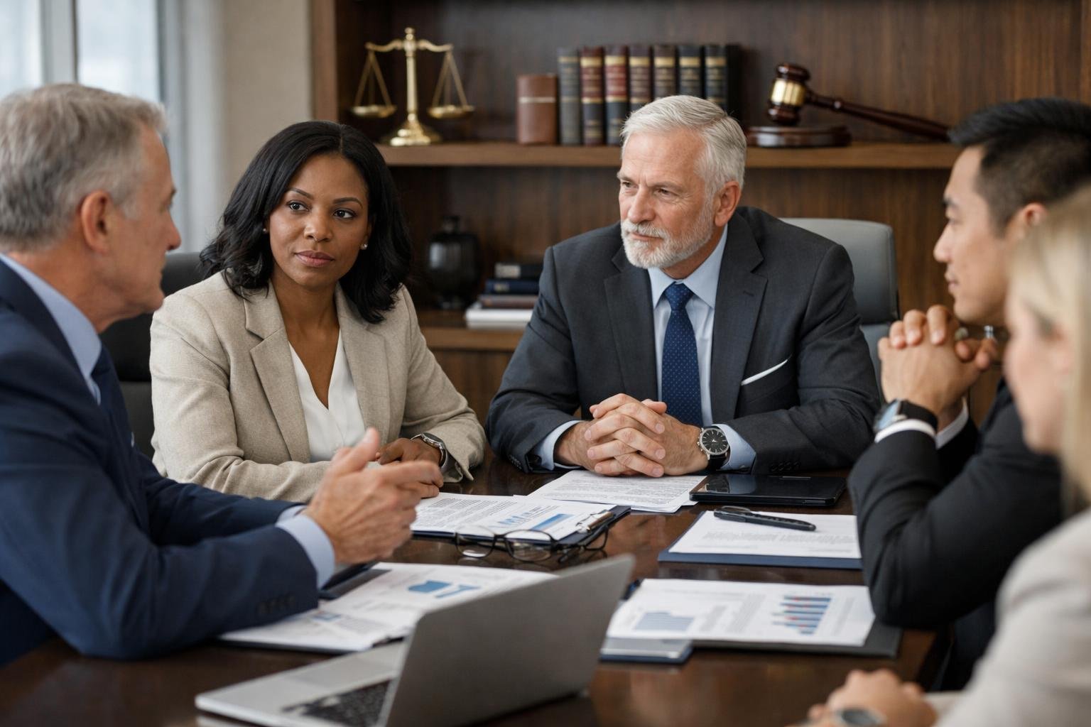 Un groupe de professionnels en réunion dans une salle de conférence moderne, discutant autour d'une table avec des documents et des ordinateurs portables.