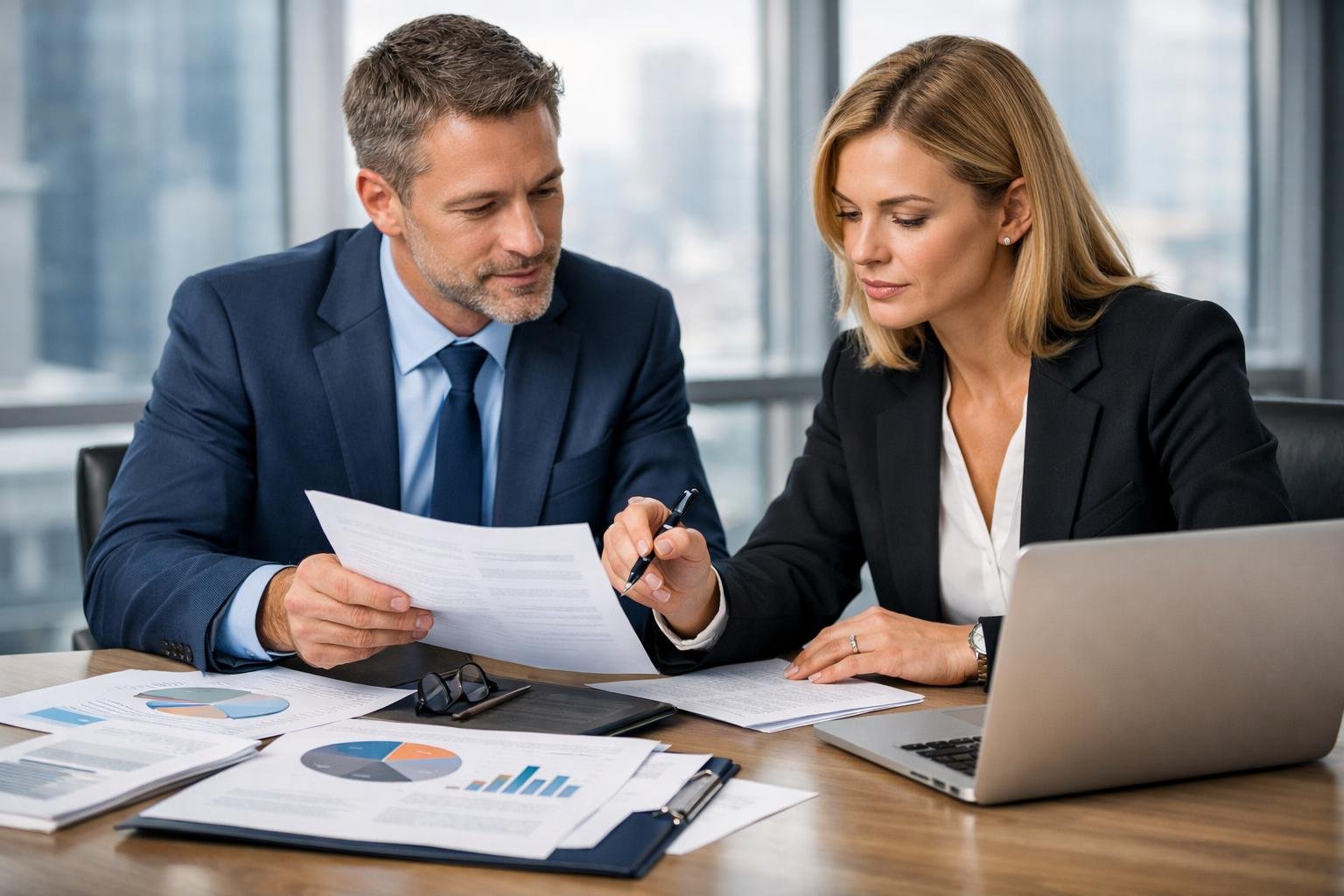 Deux professionnels en réunion dans une salle de conférence moderne, examinant des documents et un ordinateur portable.