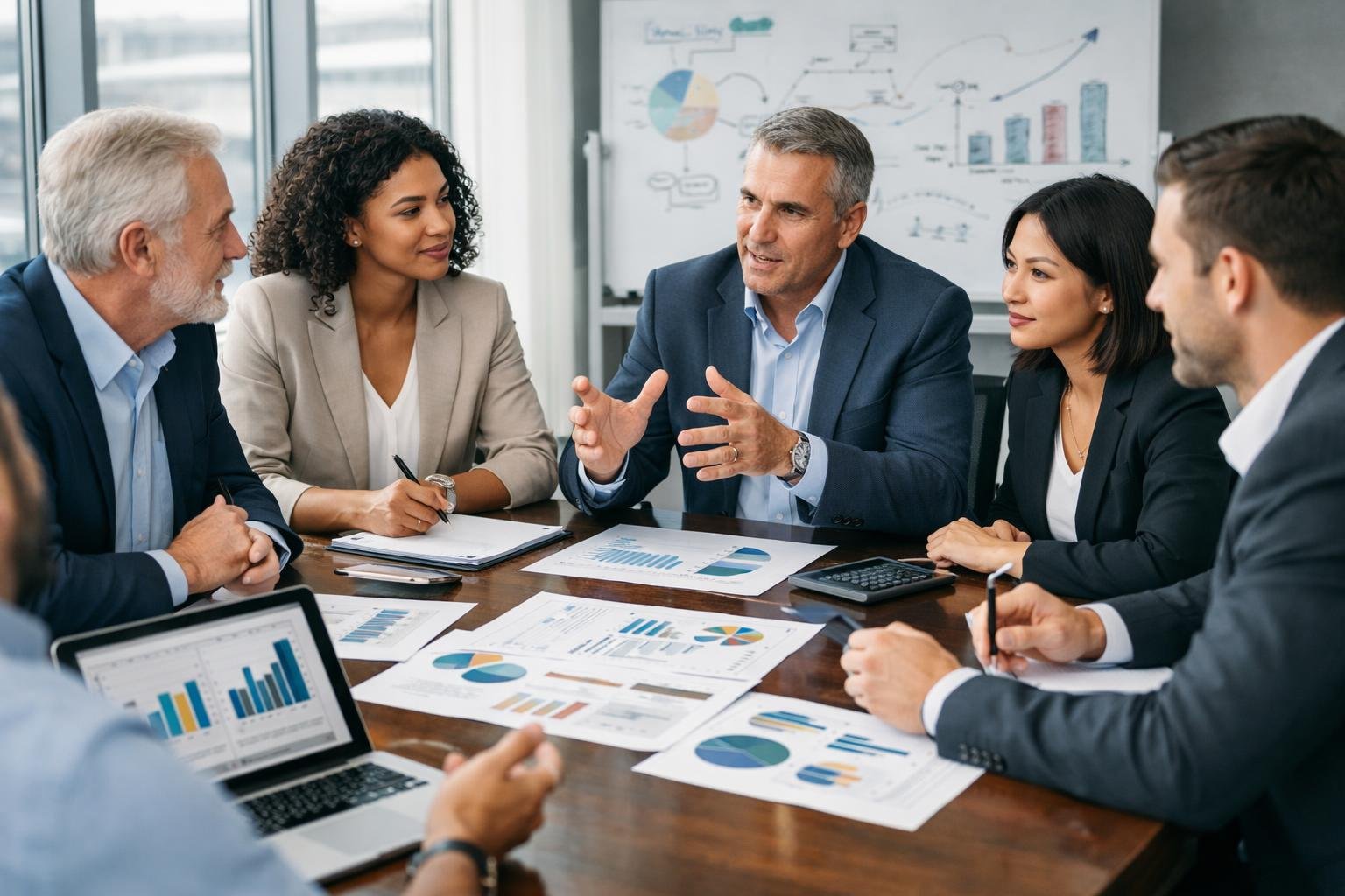 Un groupe de professionnels en réunion dans une salle de conférence, discutant autour de documents et d'ordinateurs portables.