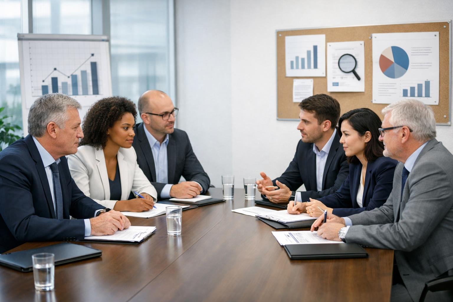 Deux groupes de professionnels discutant autour d'une table de conférence dans un bureau moderne, représentant une négociation entre AMI et Marché Public.