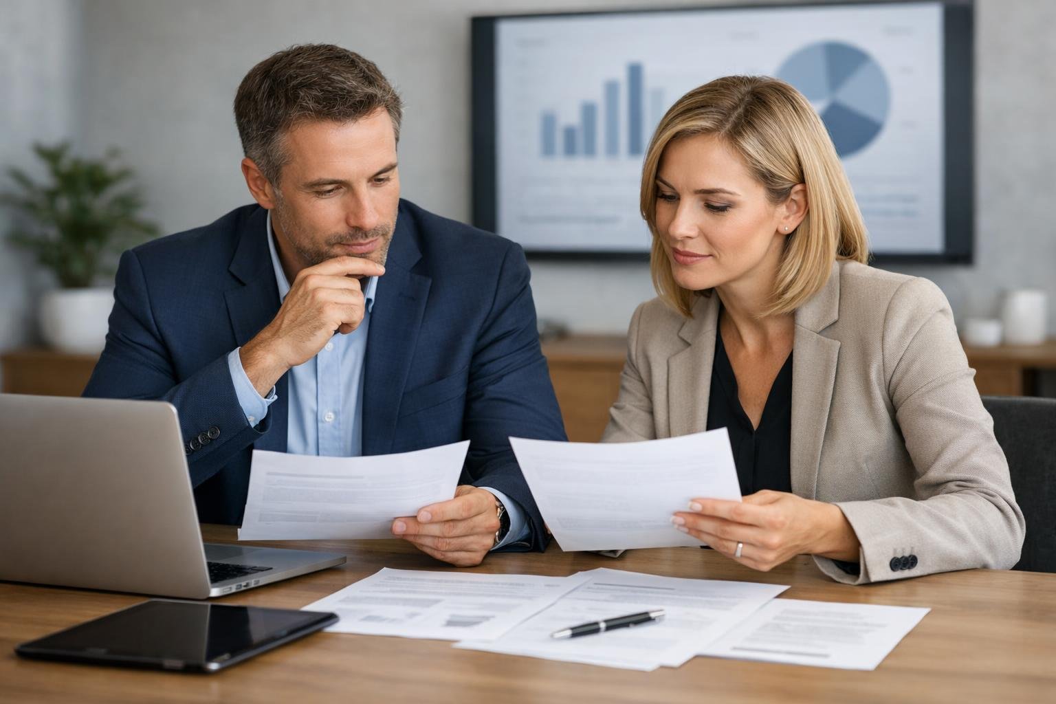 Deux collègues discutant autour d'une table de travail avec des documents et un ordinateur portable dans un bureau moderne.