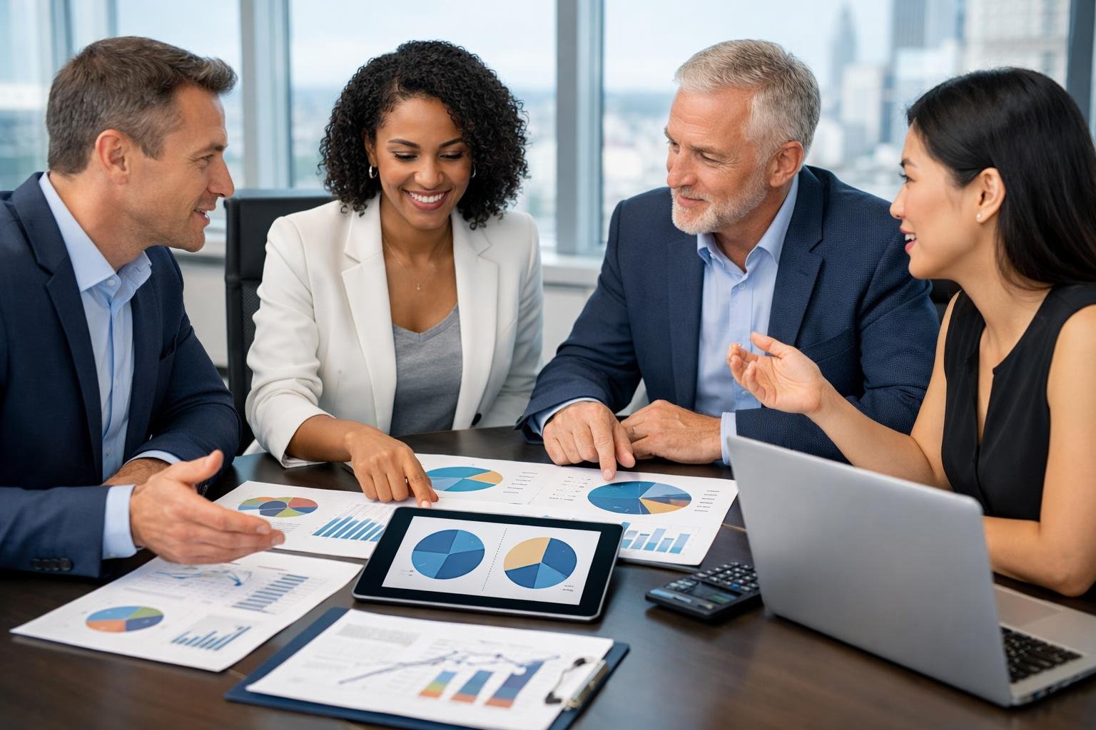 Un groupe de professionnels en réunion autour d'une table dans une salle de conférence lumineuse, discutant et analysant des documents.