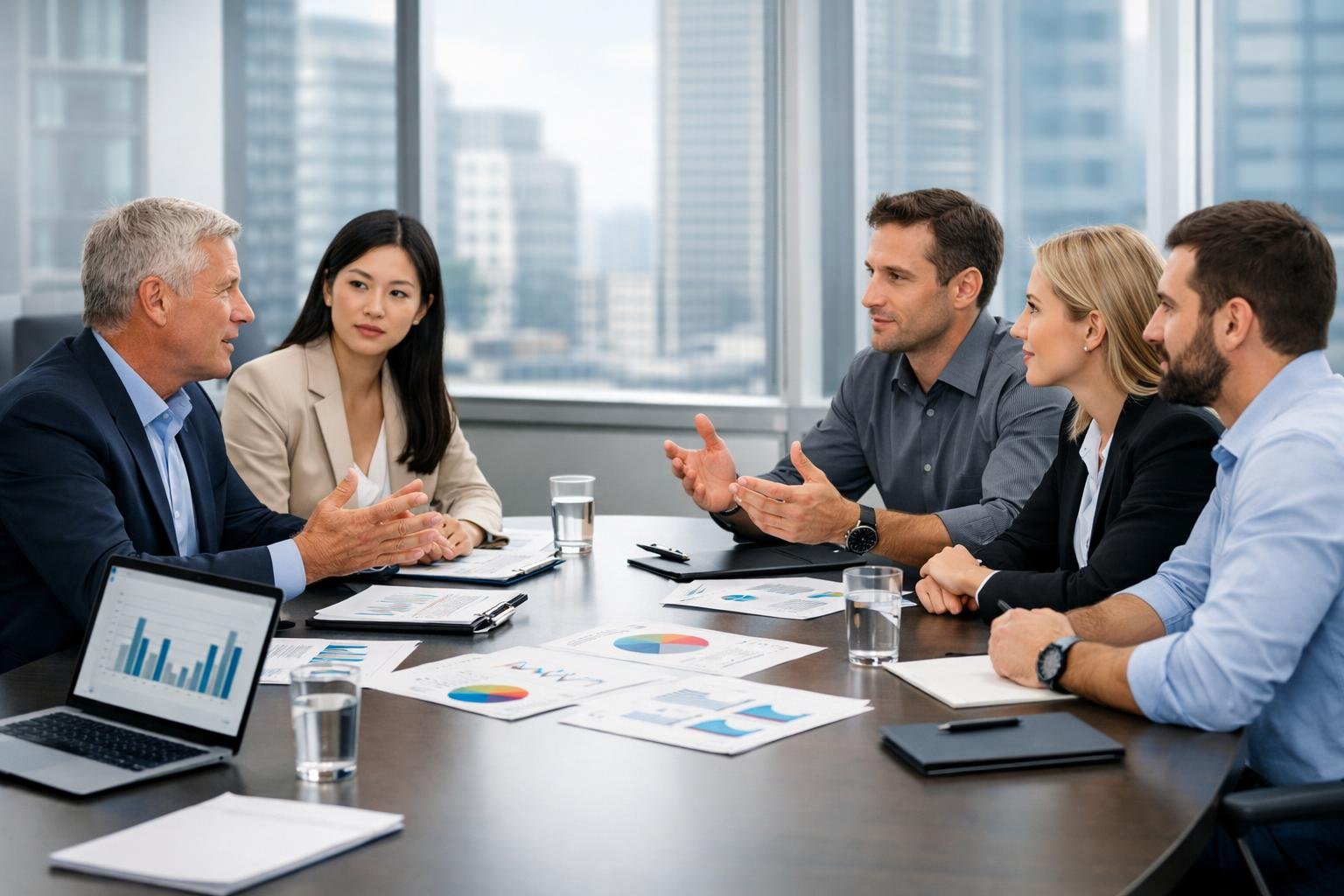 Deux groupes de professionnels discutant autour d'une table de réunion dans un bureau moderne, avec des ordinateurs portables et des documents.