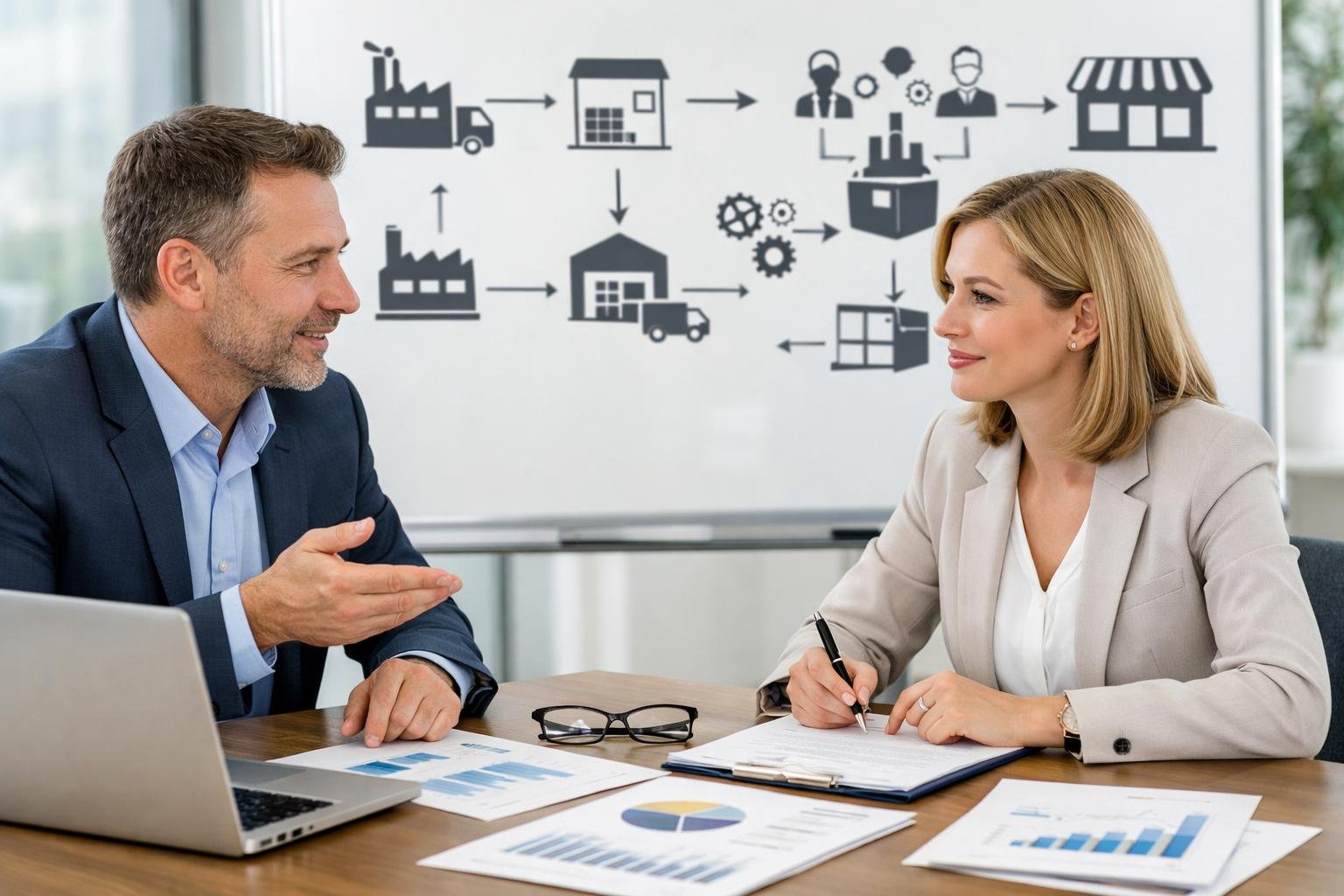Deux professionnels en réunion dans un bureau discutant autour de documents et d'un ordinateur, avec un tableau montrant des diagrammes en arrière-plan.