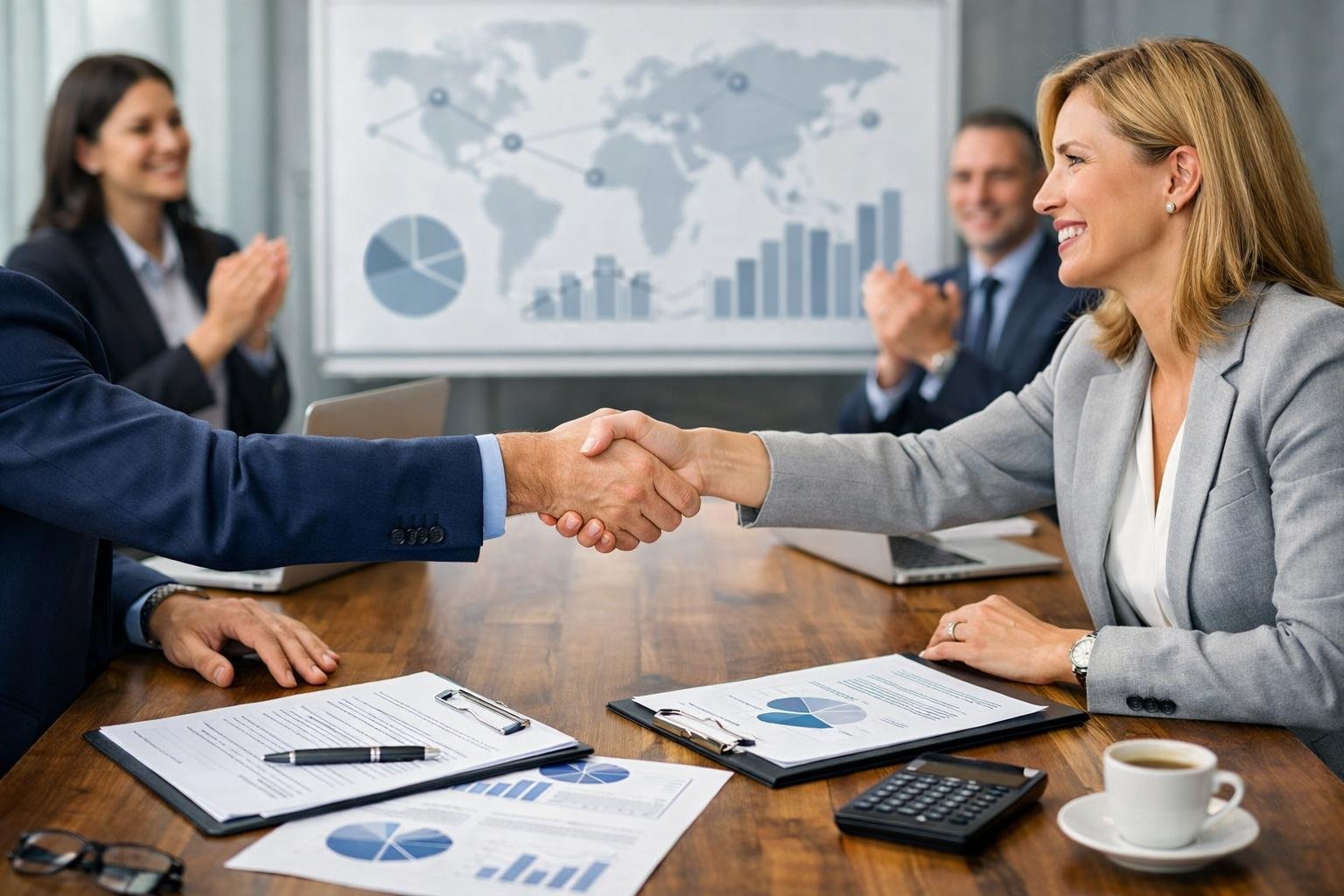 Deux professionnels en tenue d'affaires se serrent la main dans un bureau moderne, symbolisant un partenariat sécurisé entre un fournisseur et un sous-traitant.