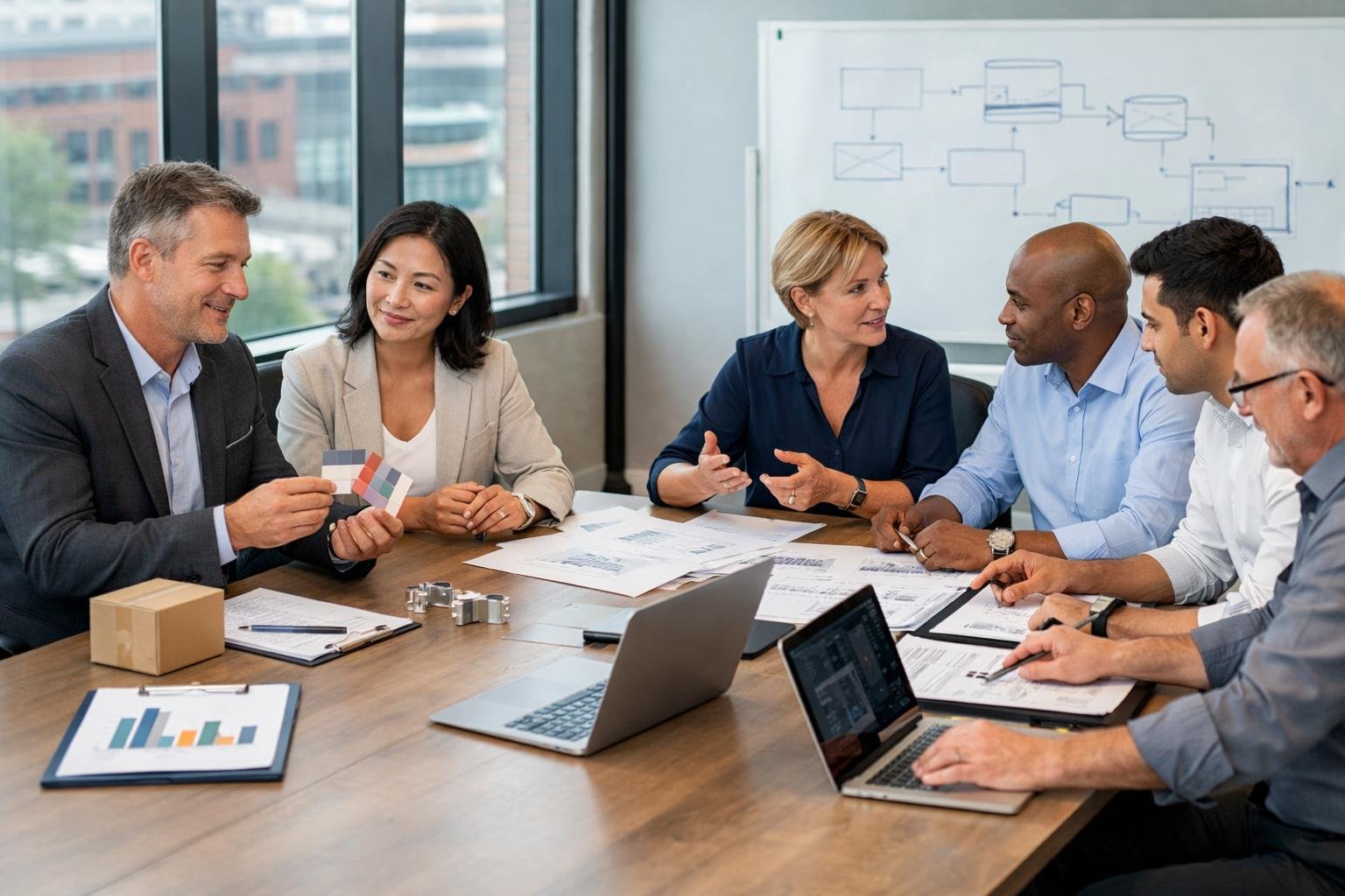 Deux groupes de professionnels discutant autour d'une table de conférence dans un bureau moderne, échangeant des idées sur la gestion de la chaîne d'approvisionnement et la sous-traitance.