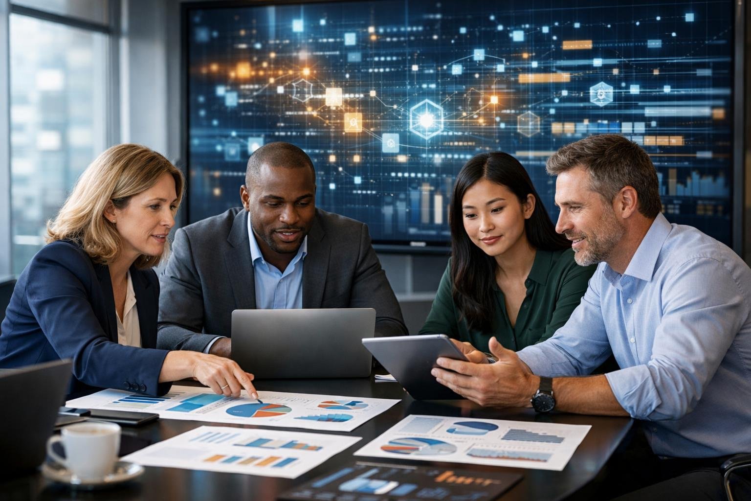 Des professionnels en réunion autour d'une table avec des ordinateurs et des graphiques, discutant des mises à jour des codes pour 2026.