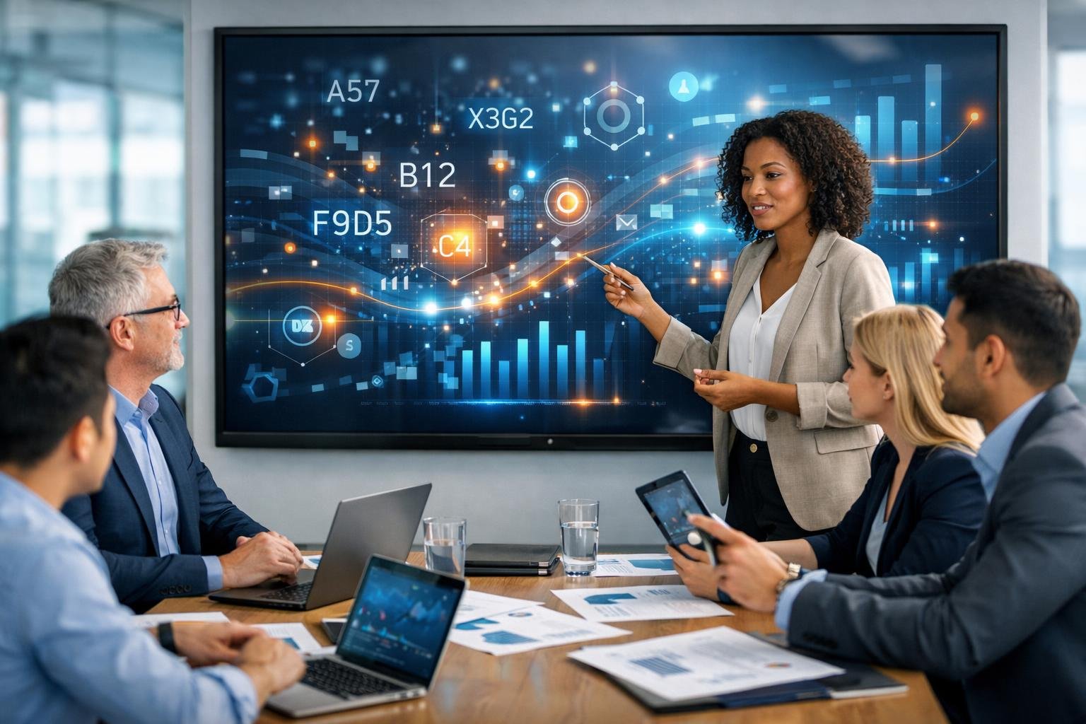 Un groupe de professionnels en réunion dans un bureau moderne, travaillant ensemble autour d'un écran affichant des graphiques et des symboles numériques.