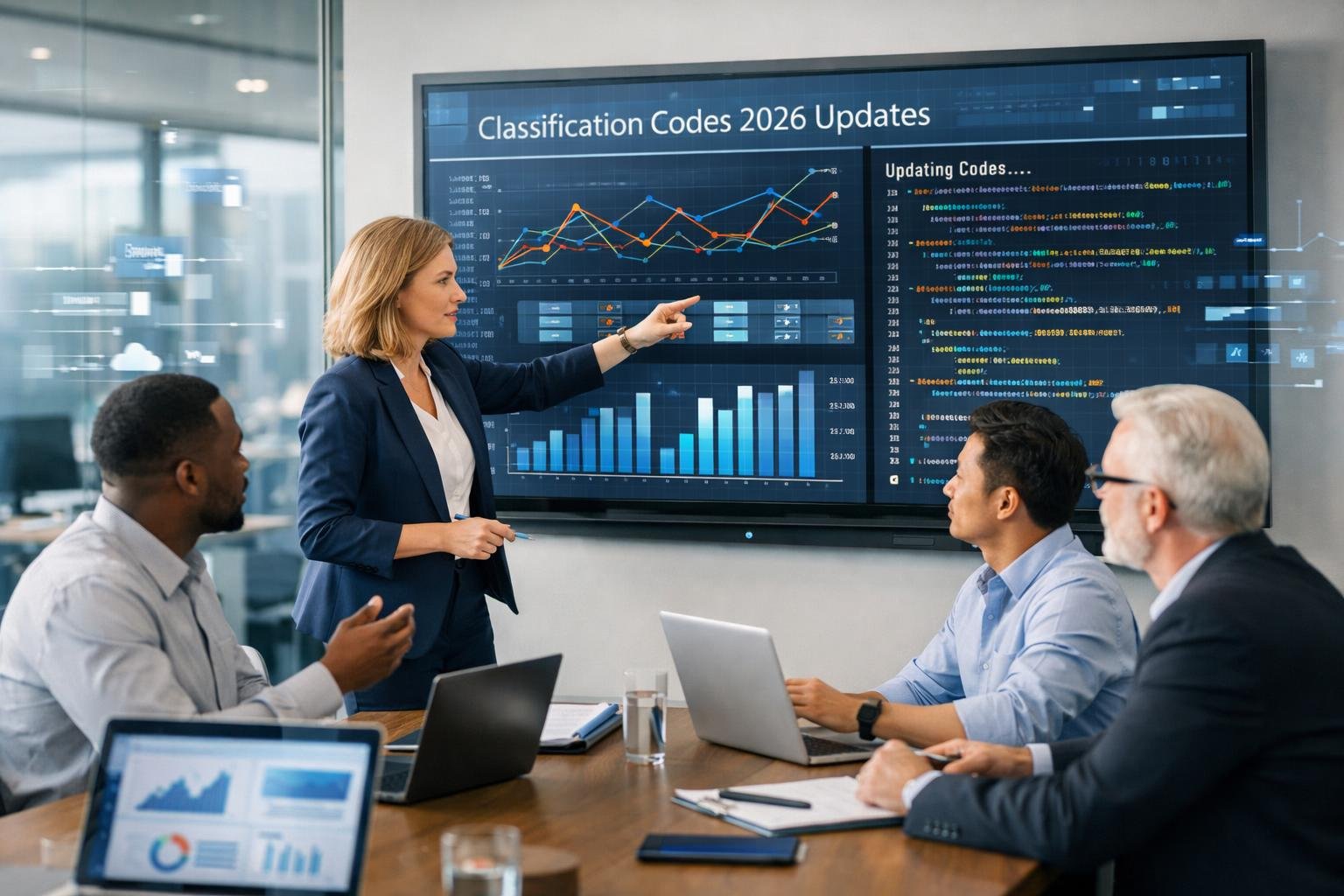 Un groupe de professionnels travaillant ensemble autour d'un écran numérique affichant des graphiques et des codes dans un bureau moderne.