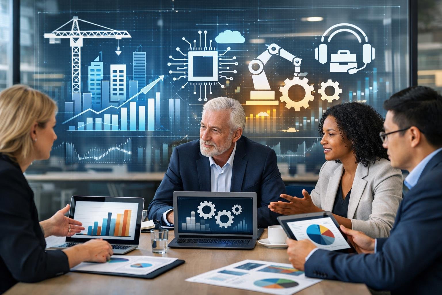 Des professionnels en réunion dans un bureau moderne, analysant des graphiques et des données sur des écrans et des documents, représentant les secteurs impactés par les nouveautés des codes CPV 2026.