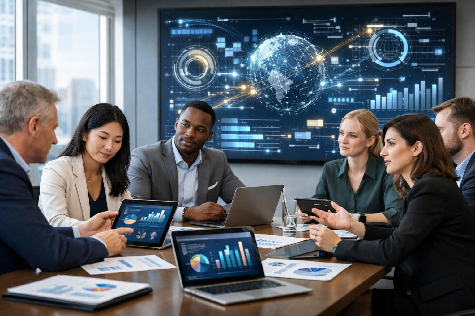 Des professionnels en réunion autour d'une table de conférence, examinant des documents et des écrans numériques liés aux codes CPV pour 2026 dans un bureau moderne.