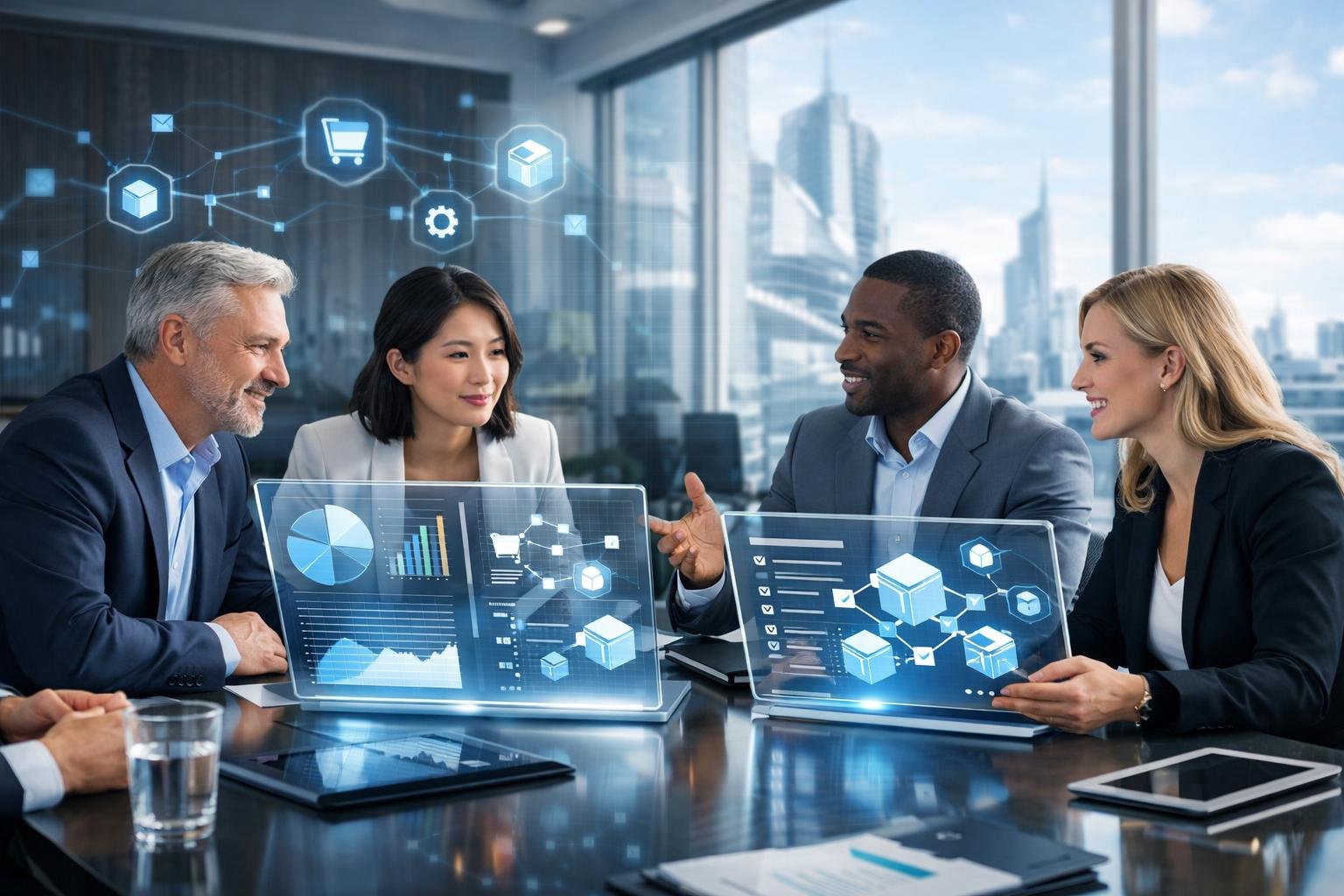 Des professionnels en réunion dans un bureau moderne, discutant autour d'une table avec des écrans numériques affichant des données.