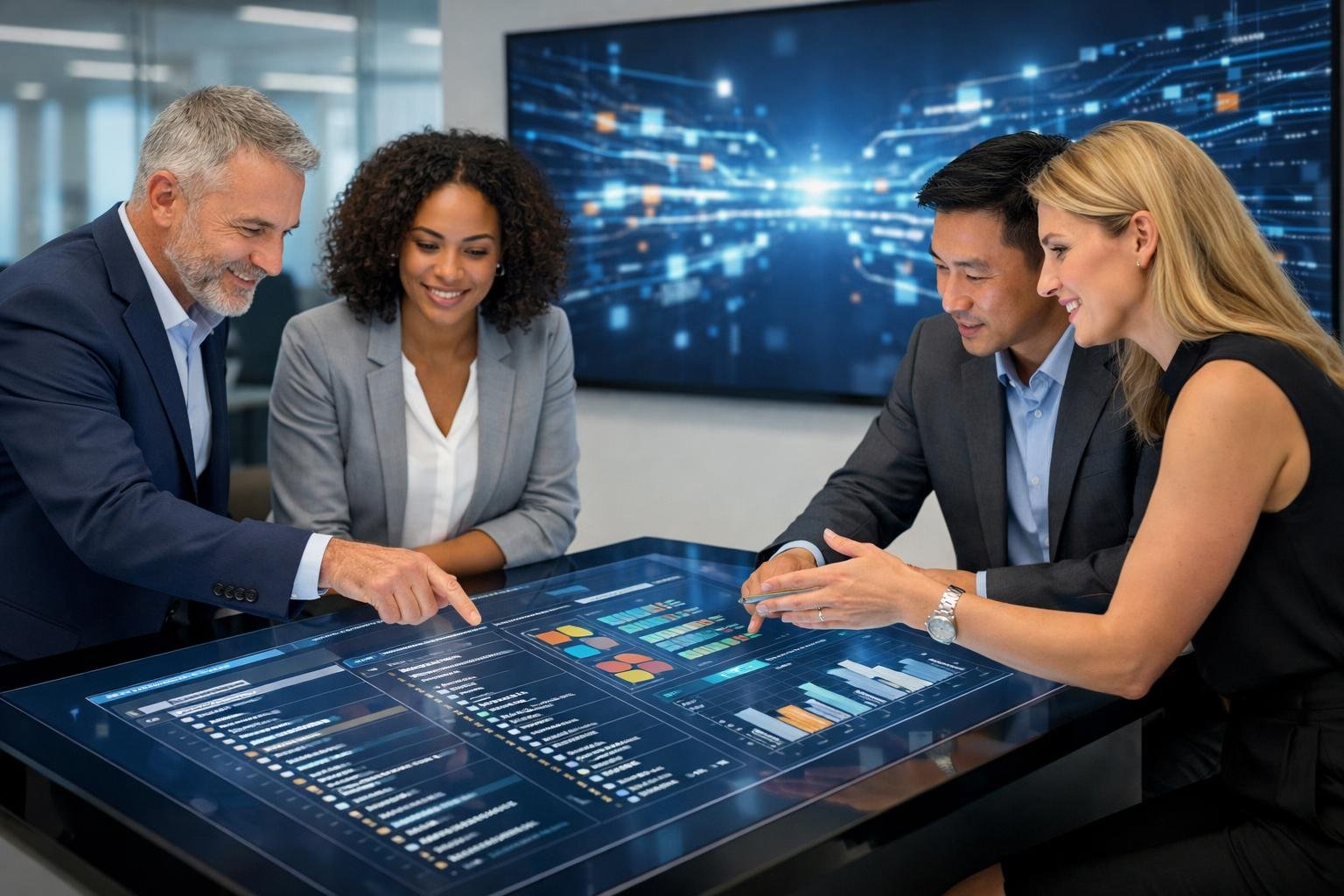 Des professionnels en réunion dans un bureau moderne, examinant des données sur un écran tactile et un grand écran en arrière-plan montrant des graphiques abstraits.