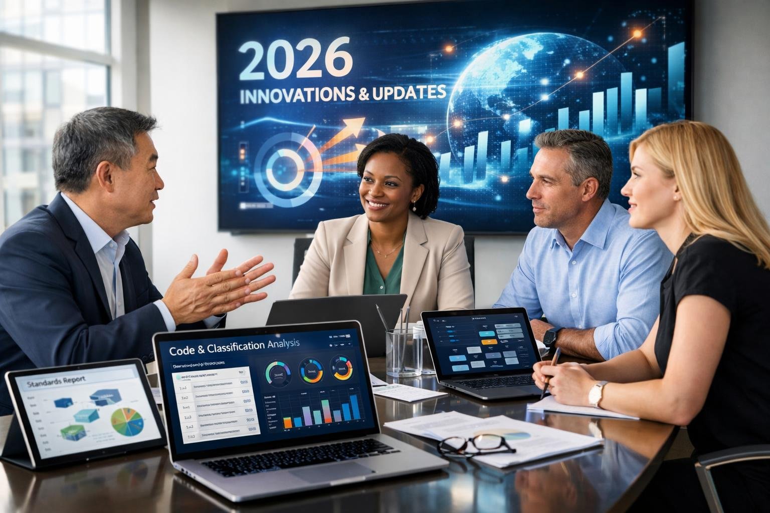 Des professionnels discutant autour d'une table de conférence moderne avec des appareils numériques et un écran affichant des graphiques en arrière-plan.