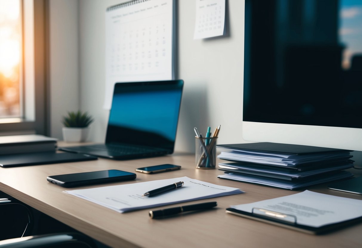 Un bureau avec un ordinateur, un stylo et du papier. Un calendrier au mur, un téléphone et une pile de documents.