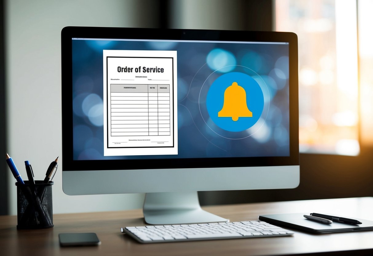 Un bureau avec un ordinateur affichant un formulaire de commande de service, un stylo et une icône de cloche de notification