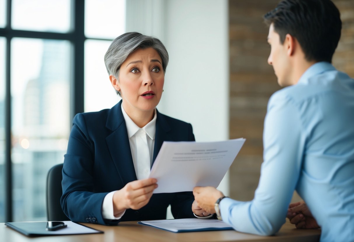 Une personne recevant un document officiel, ayant l'air surprise et confuse
