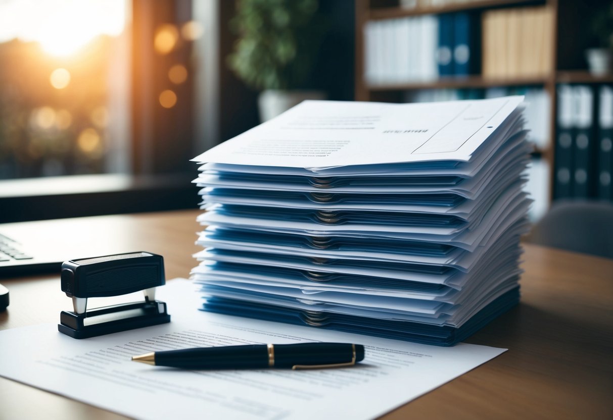Une pile de documents officiels sur un bureau, avec un stylo et un tampon à proximité