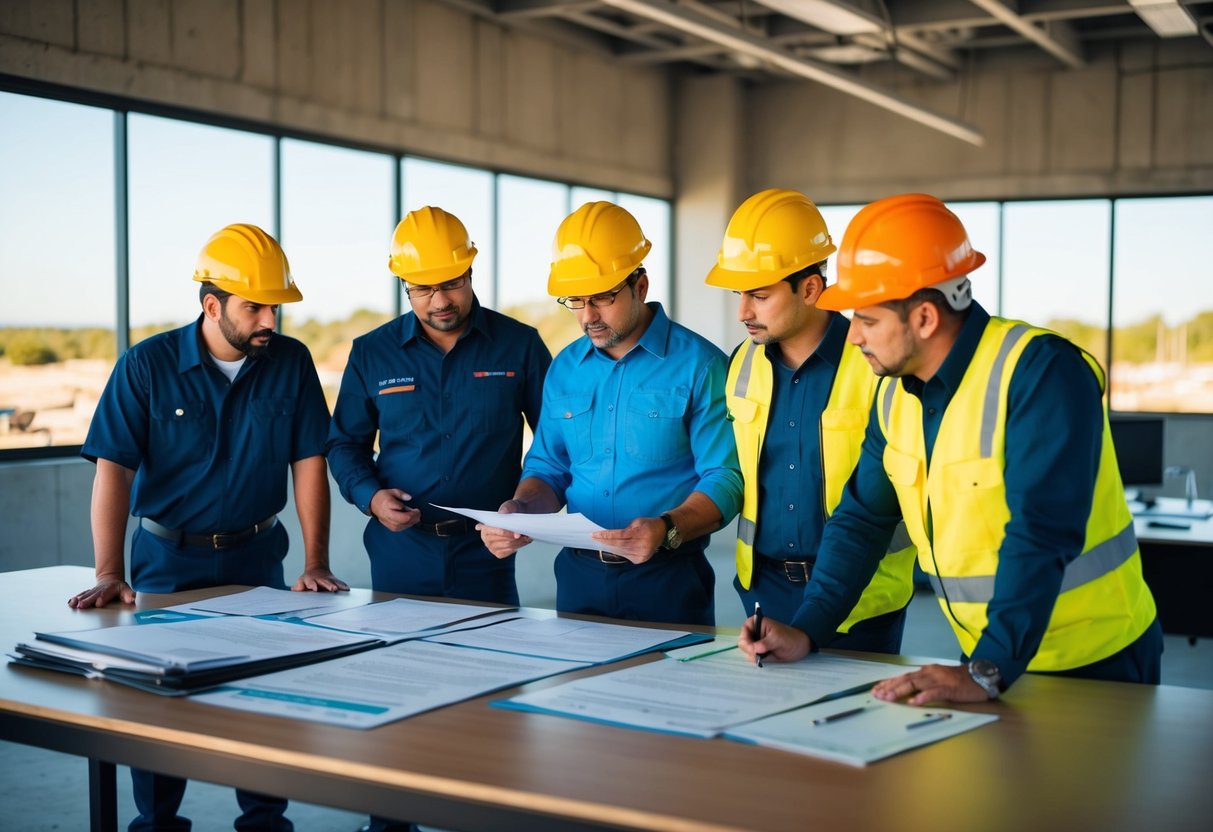 Un groupe de travailleurs et un superviseur discutant et examinant des ordres de travail dans un bureau de chantier.