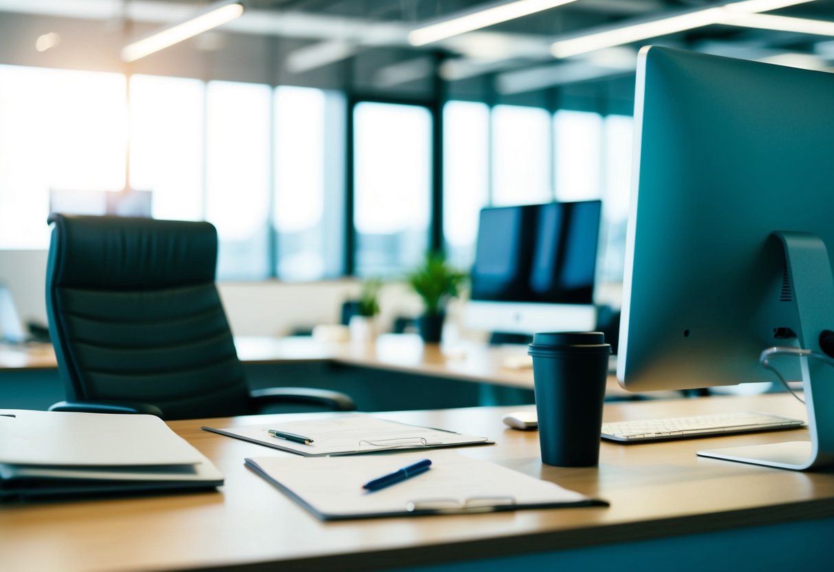 Un bureau moderne avec un bureau, un ordinateur et des documents, suggérant des développements récents et des projets futurs.