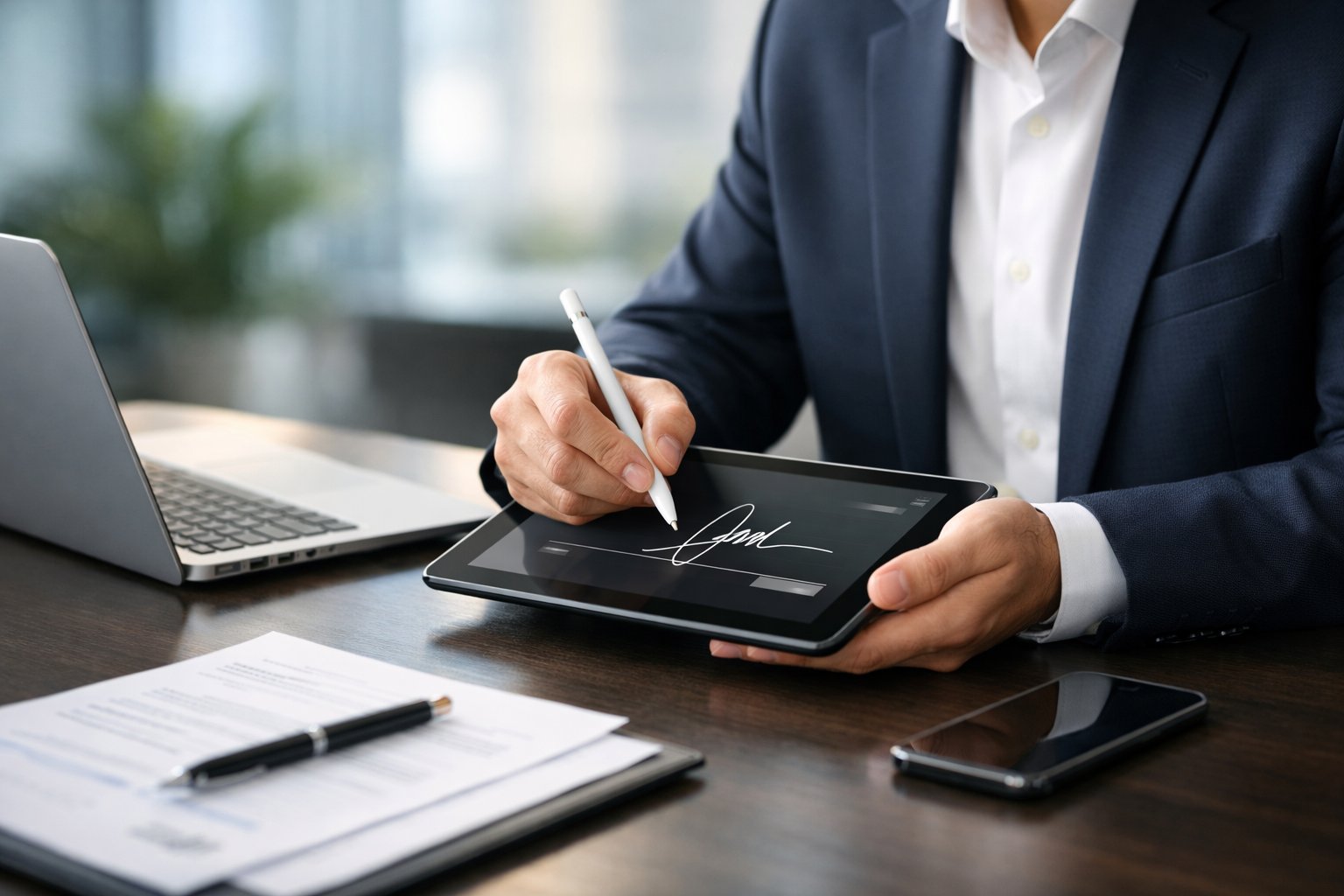 Une personne d'affaires utilisant une tablette numérique pour une signature électronique dans un bureau moderne.