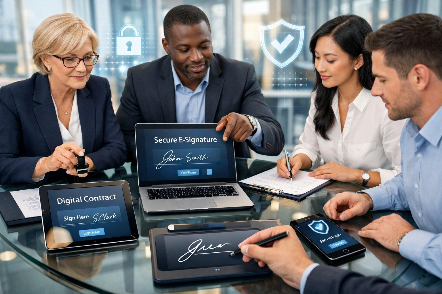 Des professionnels en réunion dans un bureau moderne, utilisant des appareils numériques pour signer électroniquement des documents officiels.