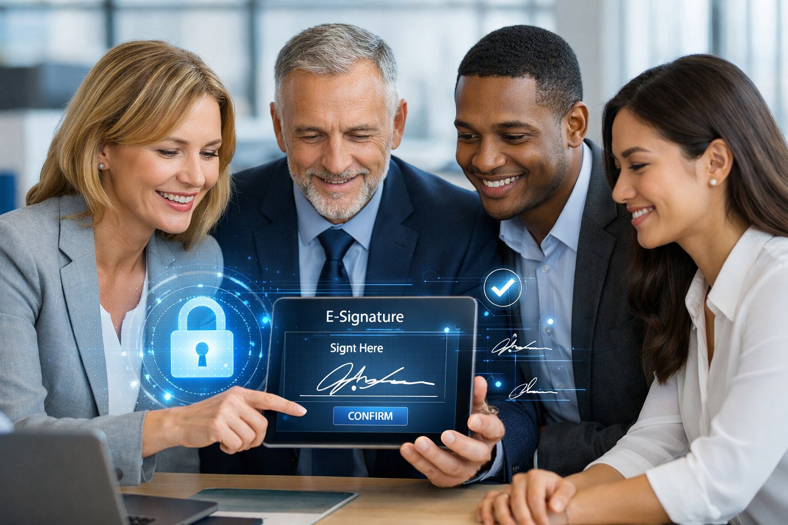 Des professionnels en réunion autour d'une tablette affichant une signature électronique dans un bureau moderne.