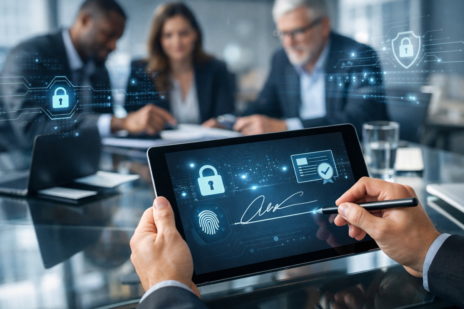 Des professionnels collaborant autour d'une table avec une tablette montrant une interface de signature électronique sécurisée.