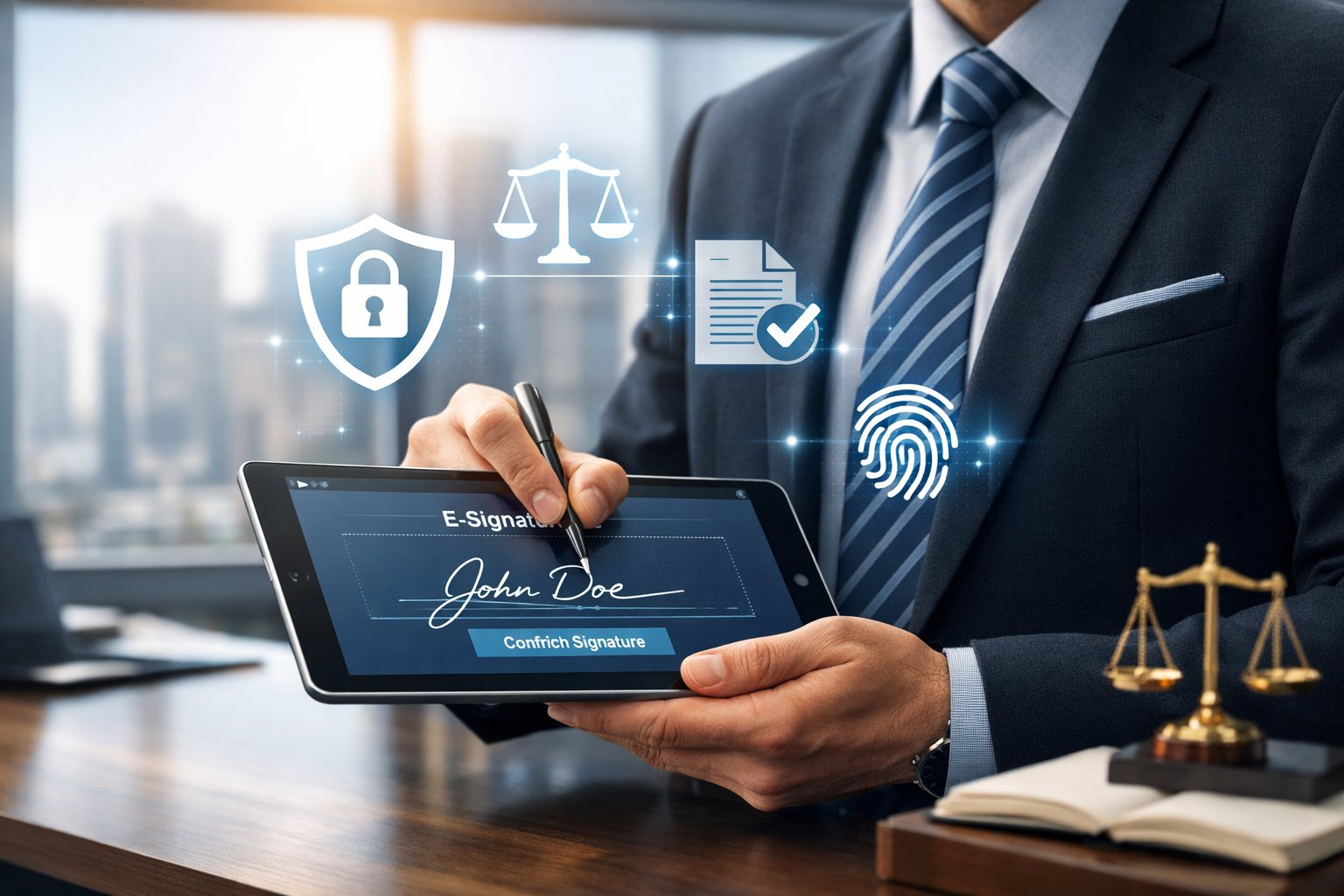 Personne d'affaires utilisant une tablette numérique avec des icônes holographiques de sécurité et de signature électronique dans un bureau moderne.