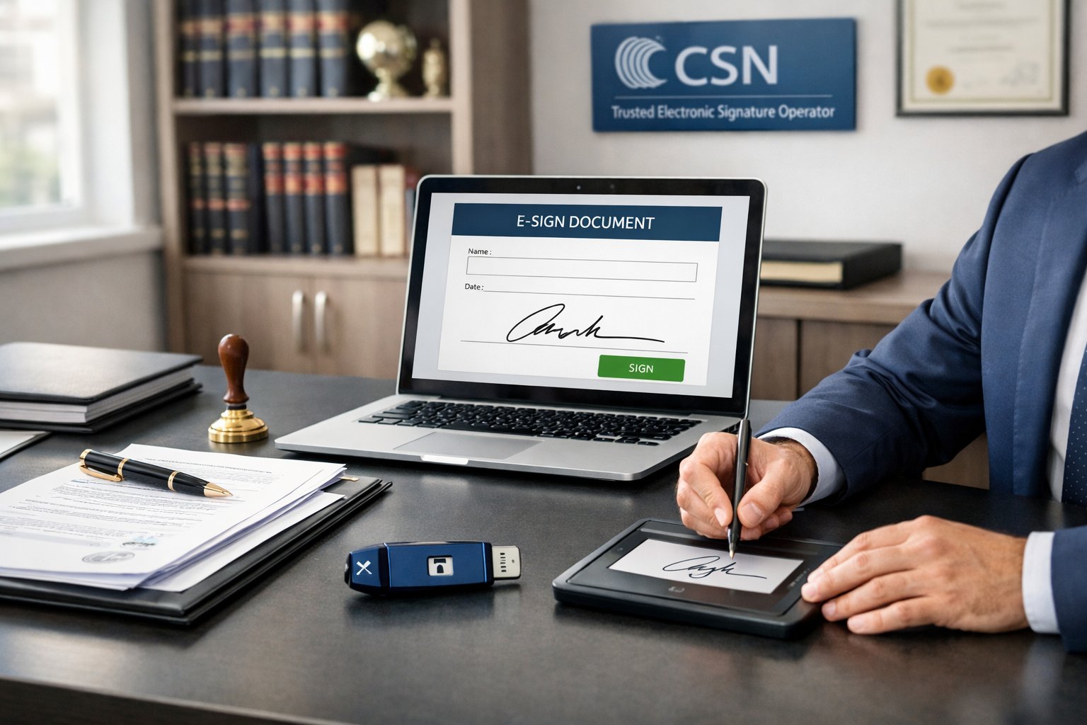 Un notaire professionnel assis à un bureau moderne utilisant un ordinateur portable pour une signature électronique, avec des documents officiels et des accessoires liés à la sécurité numérique.