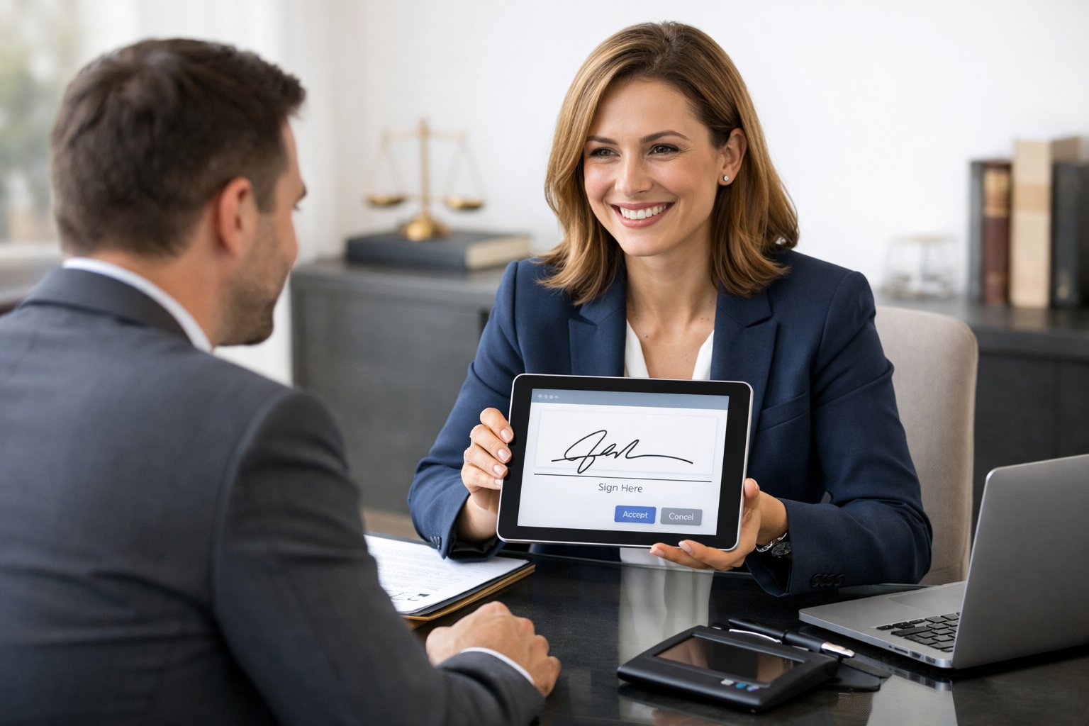 Un notaire et un client discutant dans un bureau moderne, utilisant une tablette pour une signature électronique.