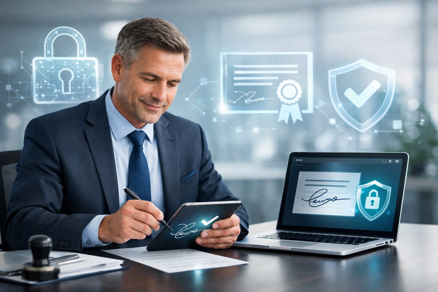 Un notaire professionnel utilisant des appareils numériques dans un bureau moderne avec des éléments numériques symbolisant la sécurité et la confiance.
