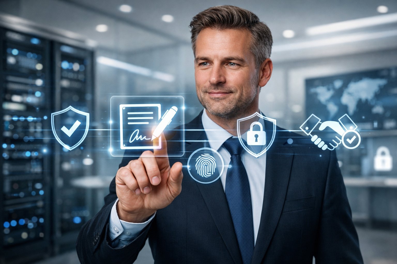 Un professionnel en bureau moderne utilisant une interface numérique transparente avec des icônes liées à la signature électronique et à la sécurité.