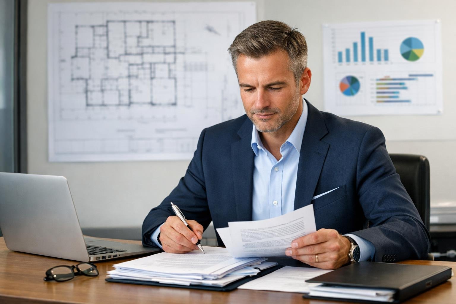 Un professionnel examinant des documents de marchés publics dans un bureau moderne avec des plans architecturaux en arrière-plan.