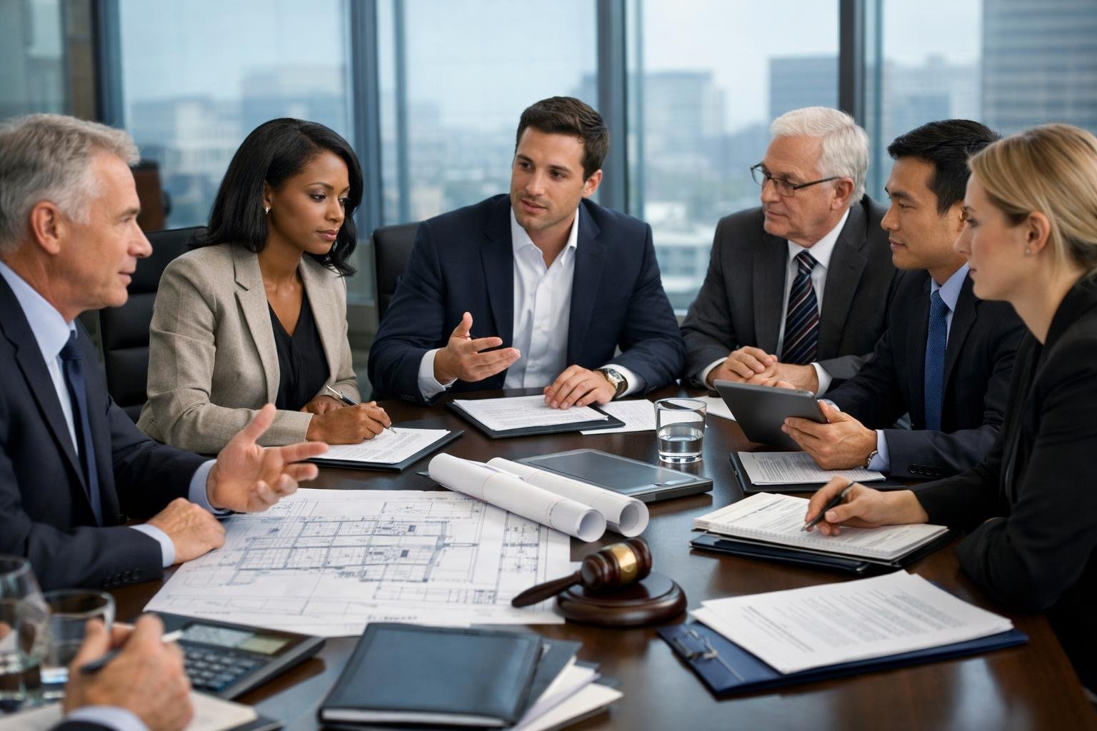 Un groupe de professionnels en réunion dans une salle de conférence moderne, discutant autour d'une table avec des documents et des plans architecturaux.