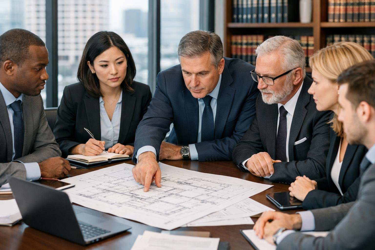 Une réunion professionnelle avec plusieurs personnes discutant autour d'une table avec des plans et des documents dans une salle de conférence moderne.