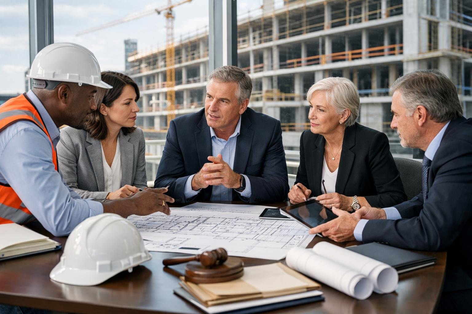 Un groupe de professionnels discute autour d'une table avec des plans et des ordinateurs, un chantier de construction en arrière-plan.