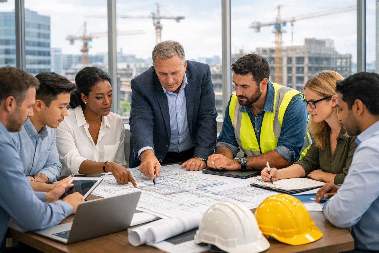 Un groupe de professionnels discutant autour d'une table avec des plans et des ordinateurs, en arrière-plan un chantier de construction visible par une grande fenêtre.