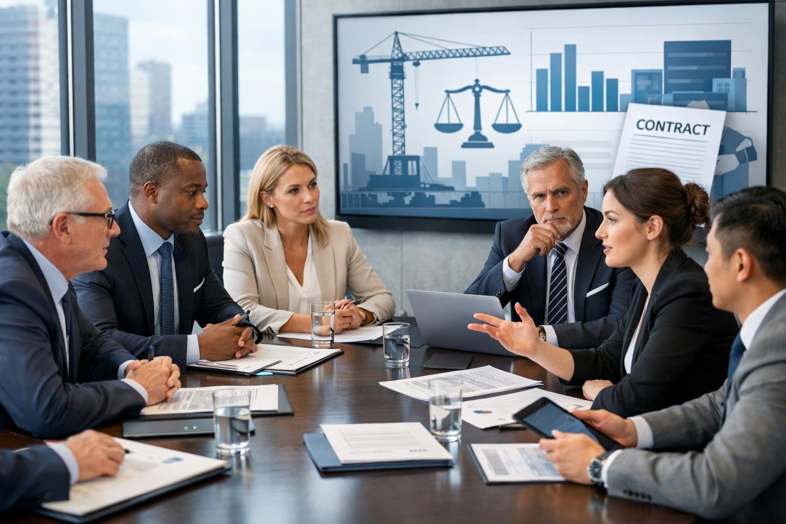 Des professionnels en réunion autour d'une table de conférence dans un bureau moderne, discutant de documents et utilisant des ordinateurs portables.