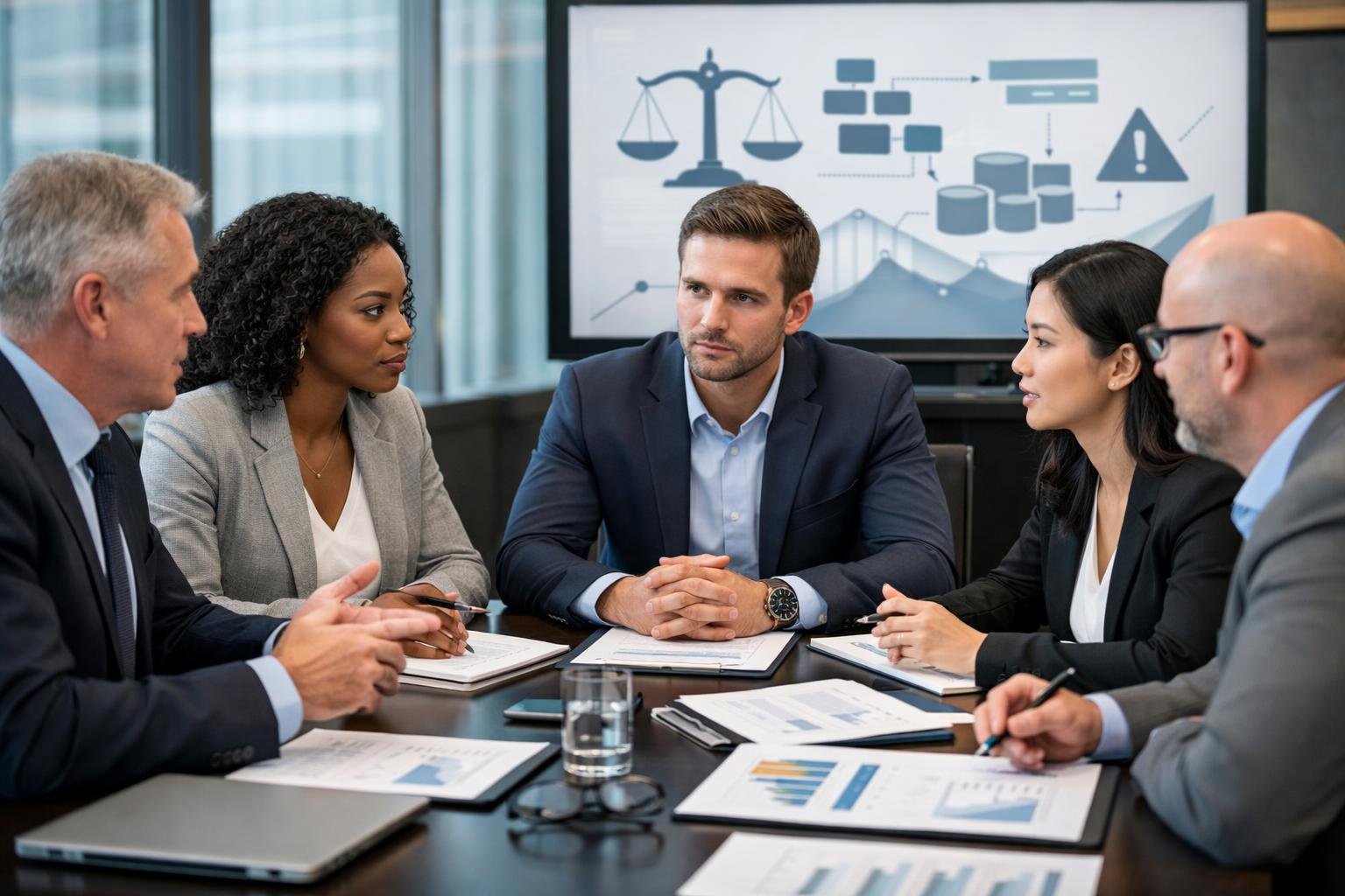 Un groupe de professionnels en réunion dans un bureau moderne, discutant autour d'une table avec des documents et des ordinateurs portables.