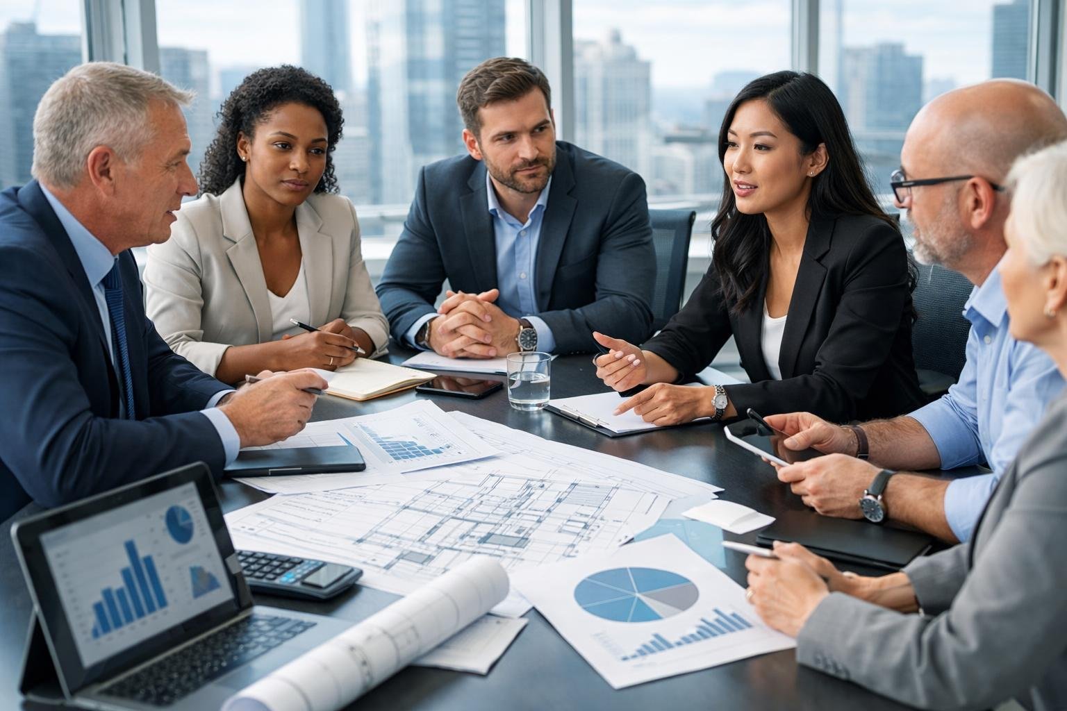 Un groupe de professionnels en réunion dans un bureau moderne, discutant autour d'une table avec des documents et des appareils électroniques.