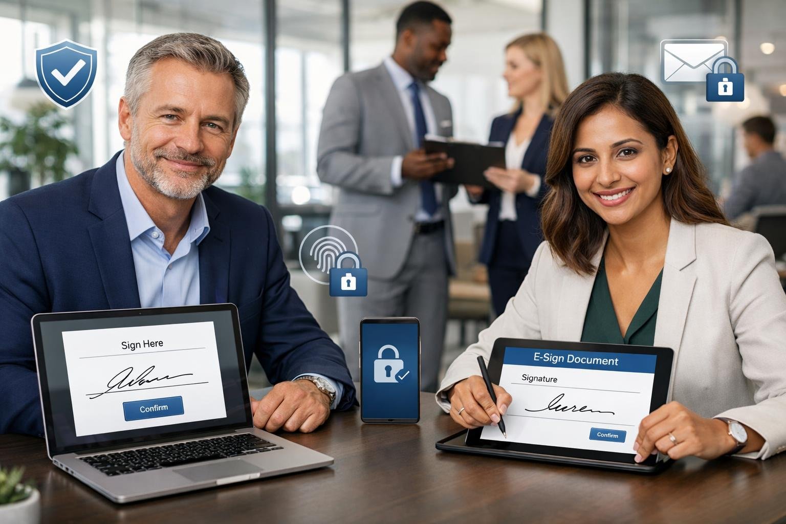Des professionnels en bureau moderne utilisant des tablettes pour signer électroniquement des documents.